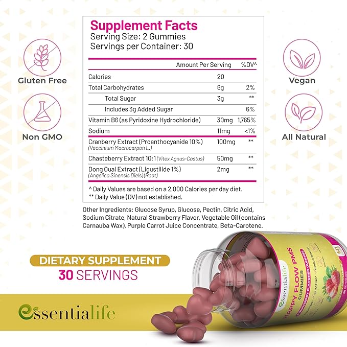 PMS Gummies - Happy Flow PMS Support Supplement for Women - Strawberry PMS Relief Supplement with Vitamin B6 for Hormone Balance, Period Support, Cramps, Hormonal Acne & Bloating Relief (180 Count)