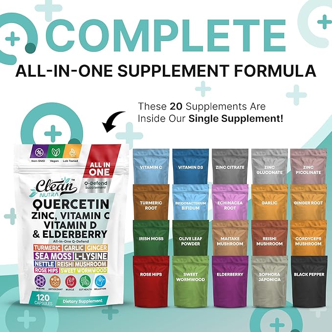 Q Defend Quercetin Supplement with Zinc Vitamin C Vitamin D Elderberry Turmeric Black Pepper Garlic Ginger Sea Moss Lysine Stinging Nettle Reishi Mushroom Immune Support 120 Capsules by Clean Nutra