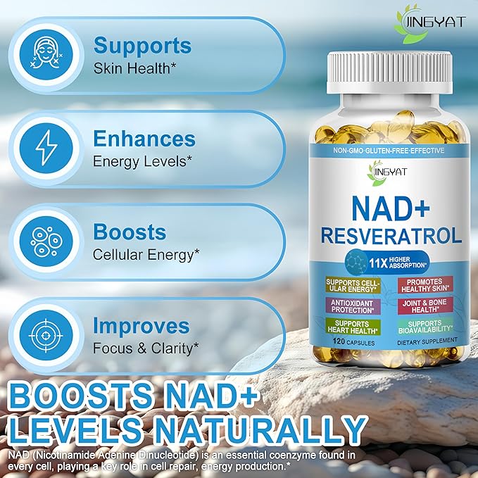 11-in-1 NAD Supplement with Resveratrol, CoQ10, Quercetin, Collagen, Grape Seed for Cellular Energy, Mental Focus & Antioxidant Support - NAD Supplement for Women & Men, 120 Soft Capsules