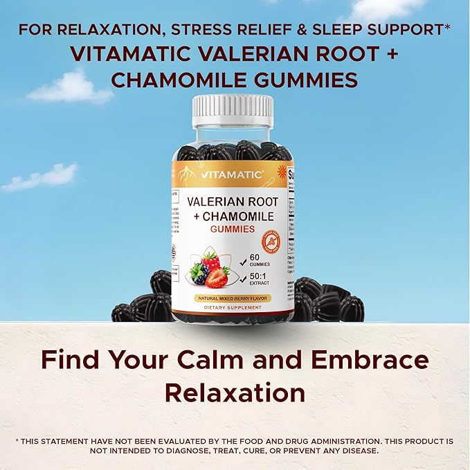 Vitamatic Valerian Root & Chamomile Gummies – Plant-Based Botanical Extract – Mixed Berry Flavor – Vegan, Non-GMO, Gluten-Free – Herbal Supplement – 60 Count (120 Count)