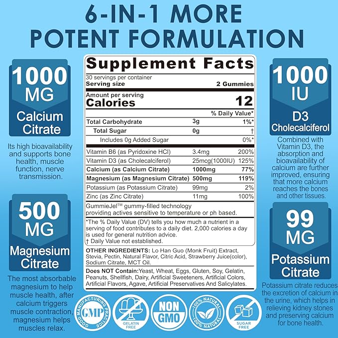 Calcium Citrate Vitamin D3 1000IU Gummies for Women & Men, Sugar Free Bone Health Complex with Calcium, Magnesium, Zinc Potassium & B6, High Absorption, Teeth, Leg Cramp & Nerve Health, Vegan, 60Cts