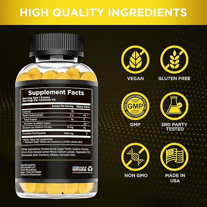 Effective Nutra Creatine Monohydrate Gummies - 1g Creatine per Gummy - Vegan Muscle & Strength Supplement for Men & Women - Supports Muscle Growth, Energy, Endurance - Lemon Flavor, Made in USA (90ct)