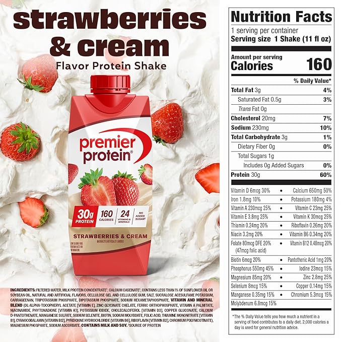 Premier Protein Shake, Strawberries & Cream, 30g Protein, No Added Sugar, 24 Vitamins & Minerals to Support Immune Health, 11 fl oz, 4 Pack