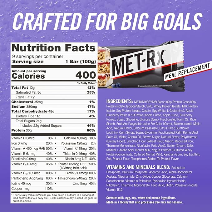 MET-Rx Big 100 Colossal Protein Bars, Healthy Meal Replacement Snack, Blueberry Cobbler, 3.52 oz, 4 Count