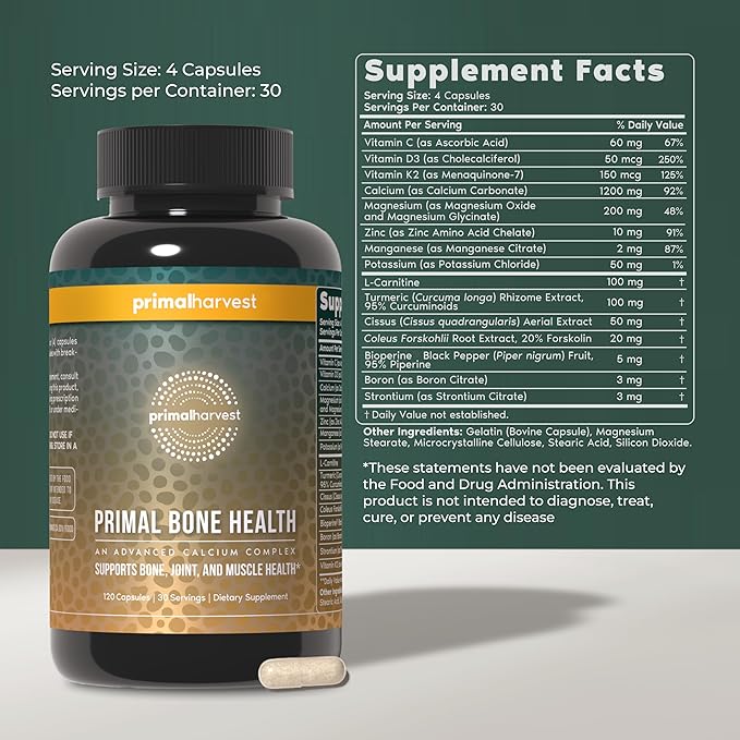 Primal Harvest 2 Pack, Primal Bone Health Calcium Carbonate Bone Health Complex for Men & Women with Calcium, Magnesium, Zinc, Manganese, Potassium, & L-Carnitine (240 Capsules)
