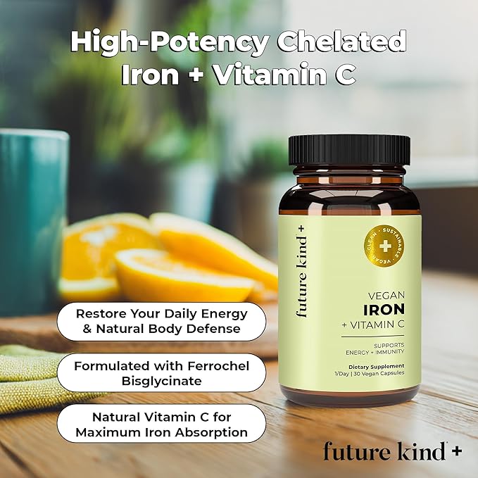 Future Kind Iron Supplement for Women and Men, Daily Energy & Focus, Chelated Iron Bisglycinate, 18mg 100% DV with Vitamin C for Absorption - Gentle on Stomach, Non-GMO Vegan Capsules, 30 Day Supply
