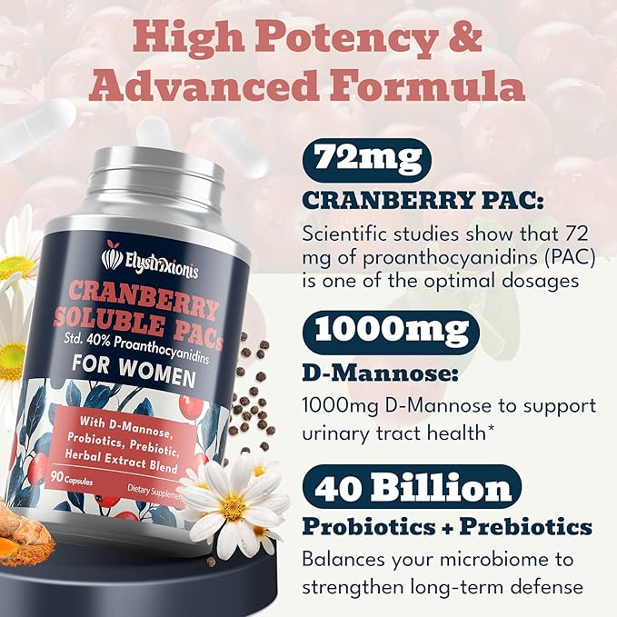 72mg PAC, Cranberry Pills for Women - Organic Cranberry Juice Extract Plus 1000mg D-Mannose, Supports Urinary Tract Health, Cranberry Supplement - 90 Capsules