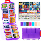 Travel Pill Organizer with Bulk Stickers & Labels - Small & Portable Daily Medicine Pharmacy for Pocket, Bag - 14-Compartment Foldable Supplement Box Holder for Fish Oil Vitamin - Clear Purple