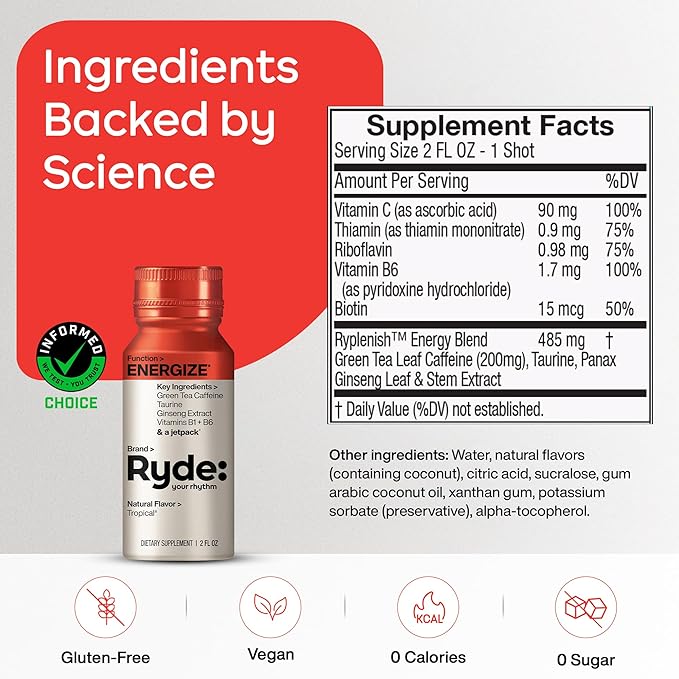 Ryde: Energize Shot | Tropical Flavor | Green Tea Caffeine, Taurine, Ginseng Extract & B Vitamins | 0 Calories, 0 Sugar | 2 FL OZ Shots | Boosts energy* (8 Pack)