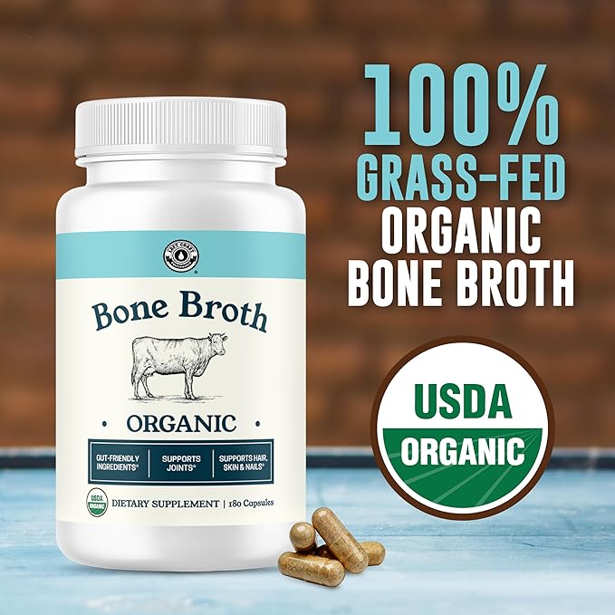 Grass-Fed Bone Broth Capsules with Collagen from Organic Bone Broth Powder. Collagen Supplement for Nails, Hair, Joints and Digestive Health* Support. Gut Friendly-Ingredients, 180 Capsules