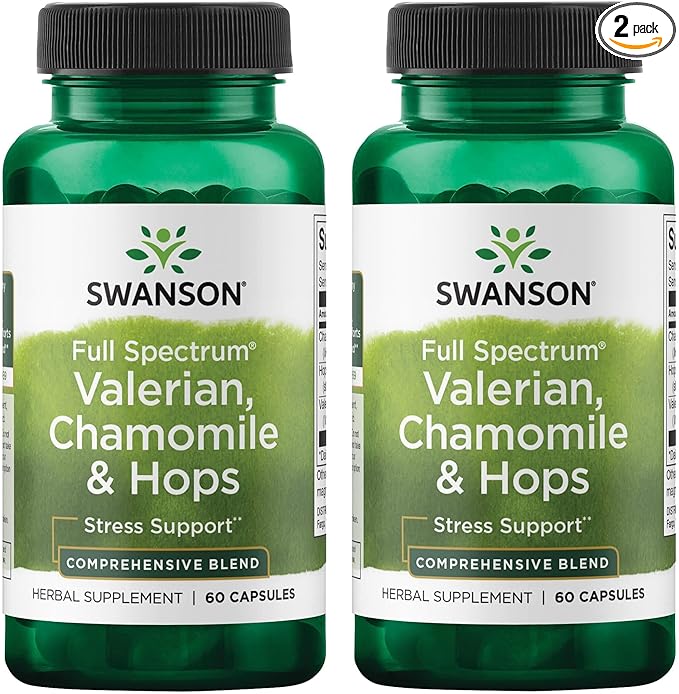 Swanson Valerian, Chamomile & Hops - Full Spectrum Herbal Supplement Promoting Relaxation & Comfort - Natural Formula Supporting Mind & Body Wellness - (60 Capsules) (2 Pack)