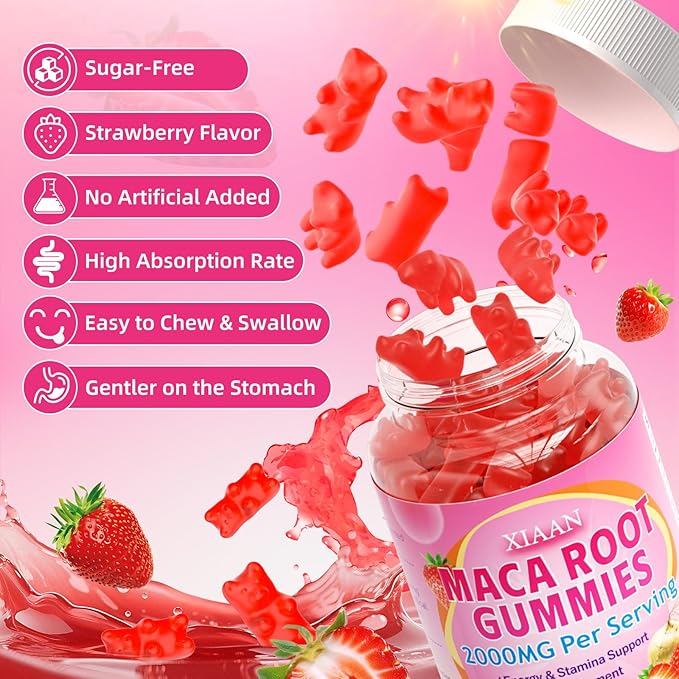 Maca Root Gummies for Women & Men, Organic Maca Root Supplement with Ashwagandha for Energy & Strength Support, Sugar-Free/Vegan/Non-GMO, Strawberry Flavor 120 Count