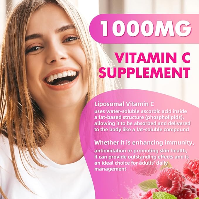 Liposomal Vitamin C 1000mg Gummies for Adults Kids, 1500mg Chewable Vitamin C w/Iron, Zinc & Elderberry - Immune Support & Energy, Collagen Booster, Raspberry, 60 Count