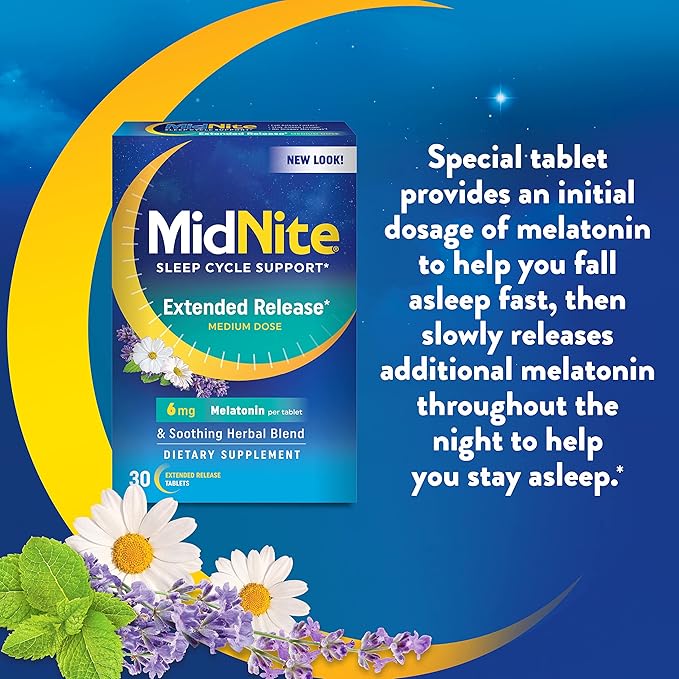 MidNite Extended Release Medium Dose, 6 mg Melatonin Sleep Aid, Non-Habit Forming, Herbal Dietary Supplement for Adults, Drug-Free, Gluten-Free, Lactose-Free, Vegetarian, Vegan, 30 Tablets