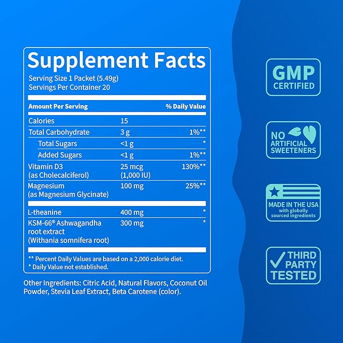 Nello Supercalm Powdered Drink Mix, Cortisol Reducer* and Sleep Aid Supplement, L Theanine, Ksm-66 Ashwagandha, Magnesium Glycinate, Vitamin D 3, No Sugar, Non GMO, On The Go, 20 Ct, Passion Colada