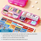 14 Grids Travel Pill Organizer Box with 415-Pcs Medicine Name Labels - Pocket Daily Pharmacy Case Container Kit - Travel Medication Holder Dispenser for Fish Oil Vitamin Supplement Storage -Clear Pink