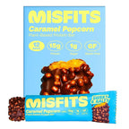 Misfits Vegan Protein Bars - Sweet & Salty Caramel Popcorn | Nutrition Bars - 15g Protein, 1g Sugar, Plant-based, Low Carb, Non-GMO, Gluten Free Snacks | Pack of 12