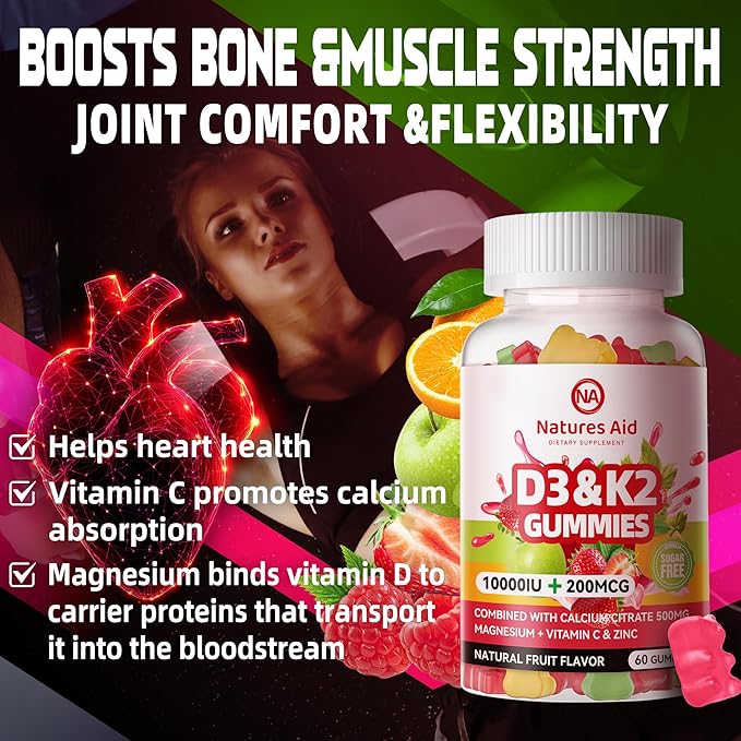 Natures Aid Sugar-Free Vitamin D3 K2 Gummies with Calcium + K2 (MK-7), Magnesium Citrate, Vitamin C, Extra Strength - Ultimate Absorption for Bone Muscle Teeth Immune, Vegan - 60 Gummies