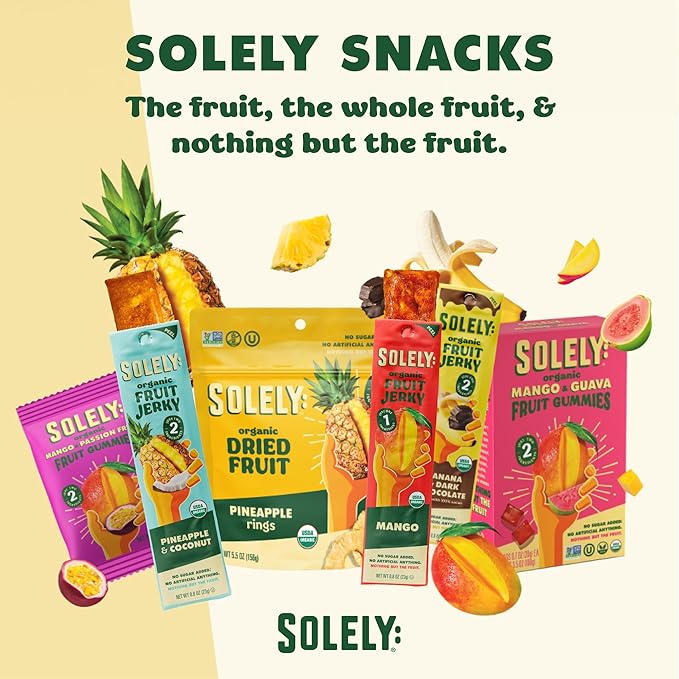 SOLELY - Organic Mango & Passion Fruit Whole Fruit Gummies (Pack of 8 Boxes, 5 Bags per Box) - Fresh Fruit - Healthy Snacks for Adults & Kids - Non GMO, Vegan Snacks, Shelf Stable - 40 Bags (3.5 oz)