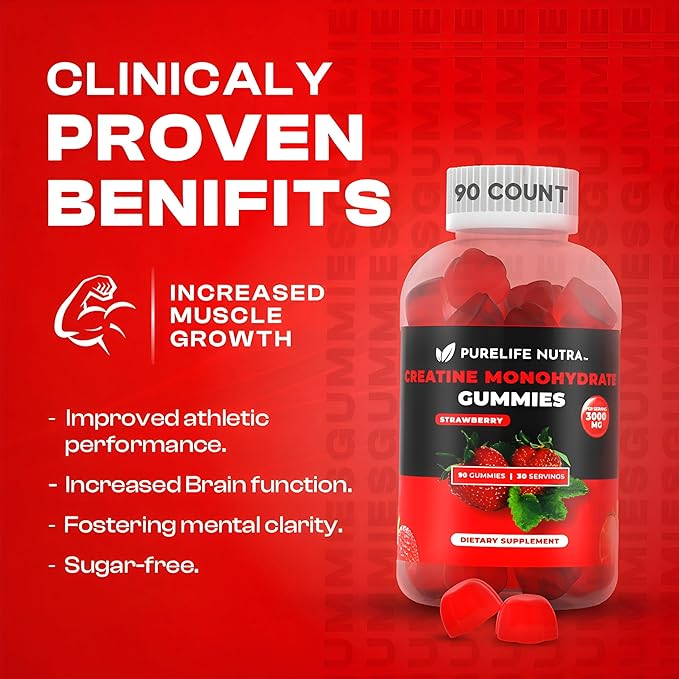 Creatine Monohydrate Gummies - 3g Serving, Sugar Free, 90 Count, Non-GMO, Designed for Men & Women, Gluten Free, Non Bloating - Vegan, Halal, Kosher. (90 Units, Strawberry)