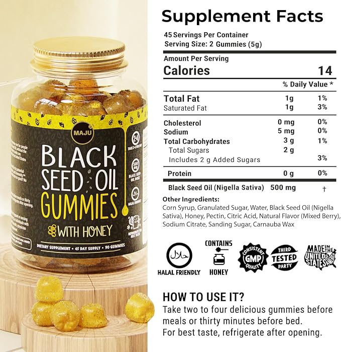MAJU's Black Seed Oil Gummies with Honey 90ct, 500mg BSO Gummy, Black Cumin Seed Nigella Sativa Oil, Cold-Pressed, Potent Formula, 90ct (2-Pack)