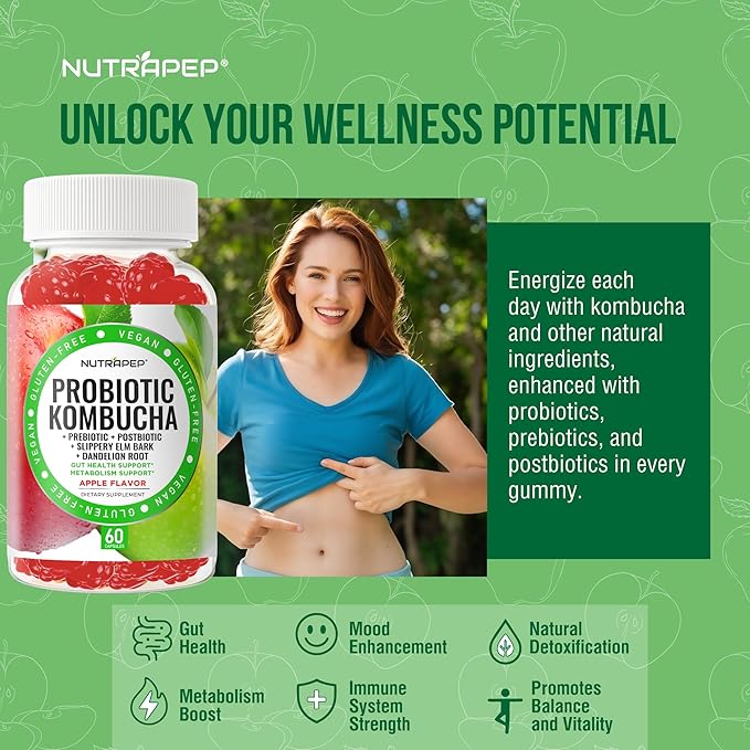NutraPep Probiotic Kombucha Gummies - Women Men Probiotic Prebiotic Probiotic Blend for Gut Health Bloating Metabolism Support with Slippery Elm Bark Dandelion Root - Vegan Gluten Free Apple Flavor