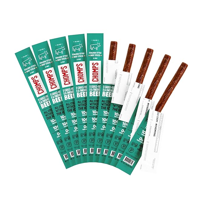 CHOMPS Grass Fed Beef Jerky Meat Snack Sticks, AIP Diet Compliant, Keto, Paleo, Whole30 Approved, Low Carb, Gluten Free, Sugar Free, Non-GMO, 90 Calories 1.15 Oz Stick, Italian Beef 10 Pack