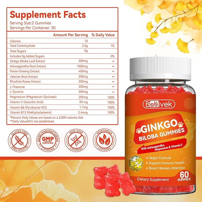 2 Pack Ginkgo Biloba Gummies with Ashwagandha, Vitamin C & Magnesium - Vegan, Non-GMO, Gluten-Free - Raspberry Flavor, 120 Count