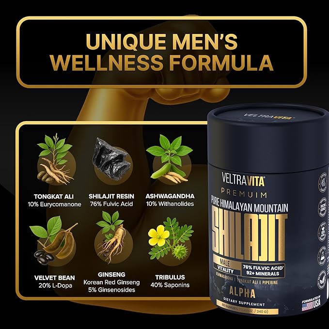 Alpha Shilajit Gummies, Pure Himalayan Shilajit for Men, Tongkat Ali, Ashwagandha KSM 66, Advanced VeltrAbsorb™, 76%+ Fulvic Acid & 92+Trace Minerals, Vegan Sugar-Free