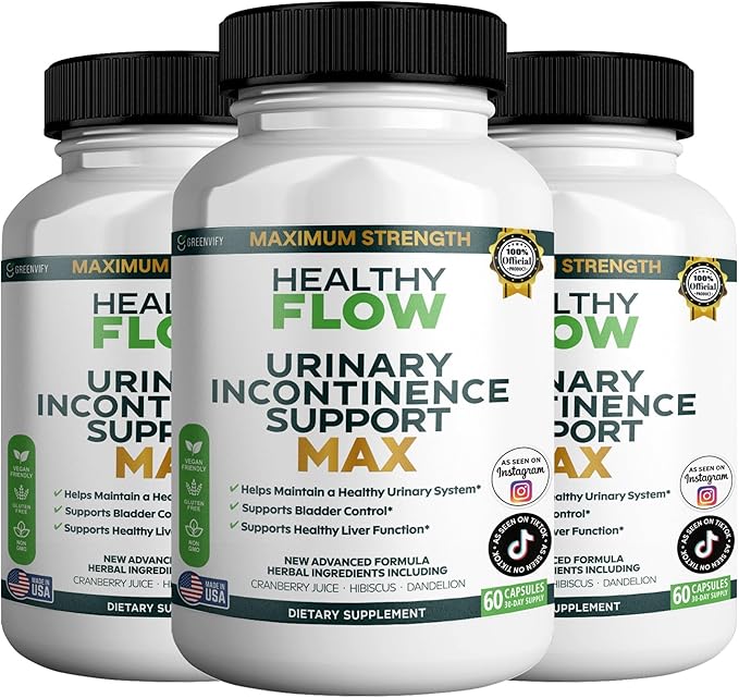 Healthy Flow Urinary Incontinence Support Max, 60 Veggie Capsules, Cranberry Juice Hibiscus Dandelion Formula, 30 Day Supply (3)