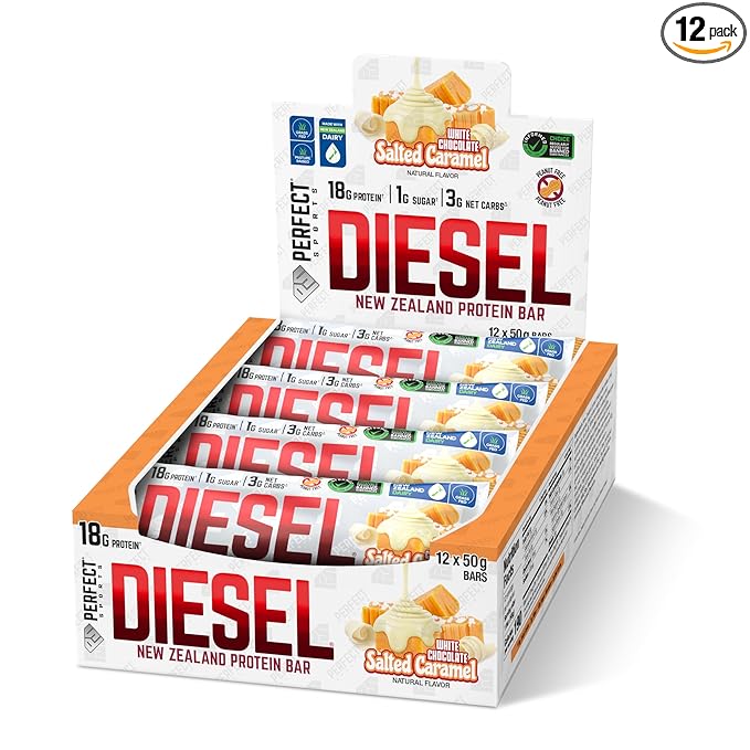 PERFECT SPORTS Diesel New Zealand Whey Protein Bars | Stevia Sweetened, No Artificial Flavors | Low Sugar, 18g Protein | 12 Pack (White Chocolate Salted Caramel)