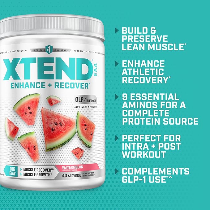 Scivation XTEND EAA + BCAA Powder | Muscle Recovery & Lean Muscle Growth | 9 Essential Amino Acids for Intra Workout or Post Workout Recovery | 10g EAAs Per 2 Servings | Watermelon 40 Servings