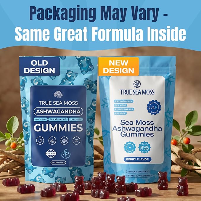 TrueSeaMoss Ashwagandha Gummies for Women & Men – Vegan Formula with Sea Moss, Bladderwrack & Burdock Root – 60 Gummies (Pouch May Vary)