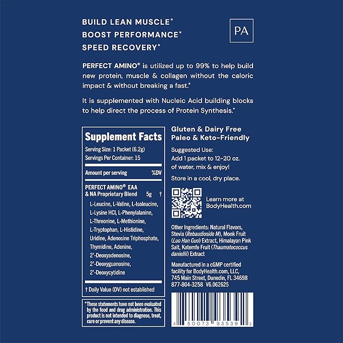 BodyHealth PerfectAmino Powder - BCAA and EAA Powder for Pre and Post Workout - Amino Acid Energy Drink for Men and Women to Support Lean Muscle and Recovery - Vanilla - Stick Packs - 15 Servings