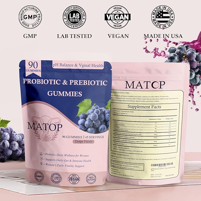MATOP Vaginal Probiotic Prebiotic Gummies for Women - Vaginal pH Balance & Digestive Support, Grape Flavor, Vegan, Sugar-Free, Gluten-Free, 90 Count