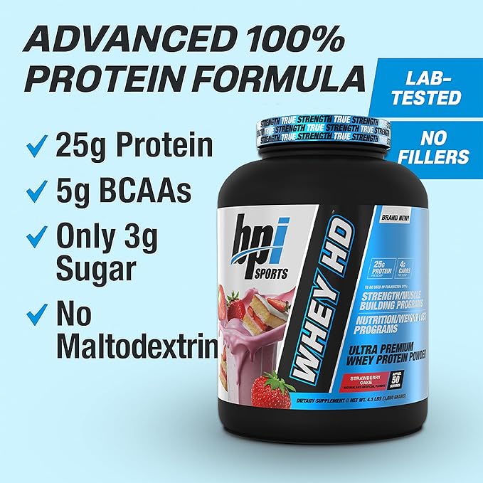 BPI Sports Whey HD Ultra Premium Protein Powder Isolate | Workout Whey Protein Powder for Men & Women for Muscle Gain | Milk Protein Concentrates | Strawberry Cake, 4.07 Pound