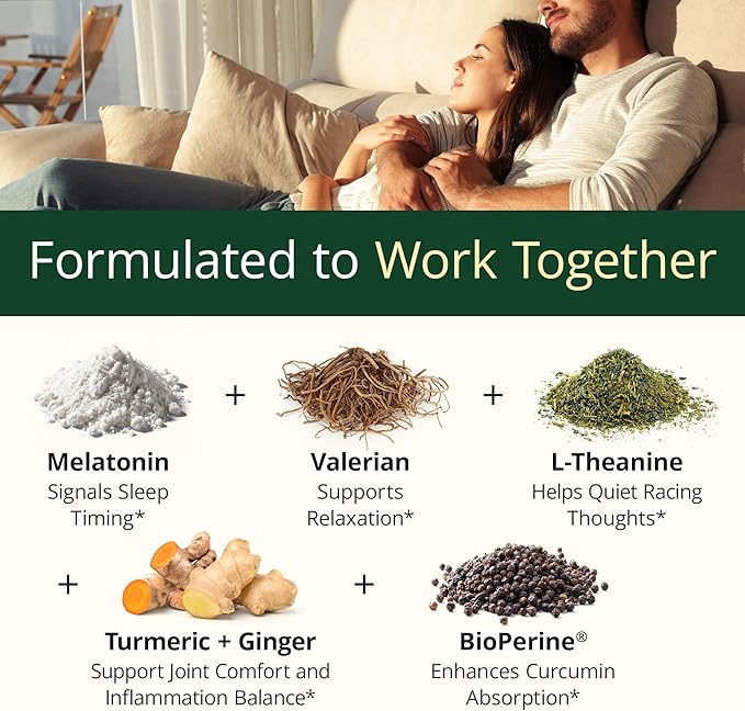 Melatonin 3mg Sleep Aid with L-Theanine & Valerian Root – Turmeric Curcumin Supplement with Ginger & Black Pepper – Organic Turmeric Supplement for Sleep, Calm and Stress Relief Support – 120 Capsules