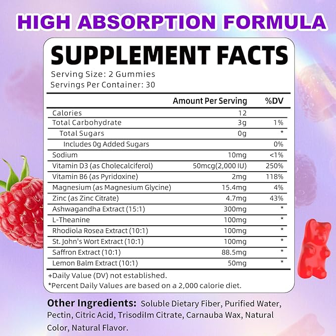 Pack of 2 Saffron Gummies, 10-in-1 Saffron Supplements for Kids & Adults with 88.5mg Saffron Extract, for Emotions, Zzz, Sugar Free, Raspberry Flavor, 120 Count