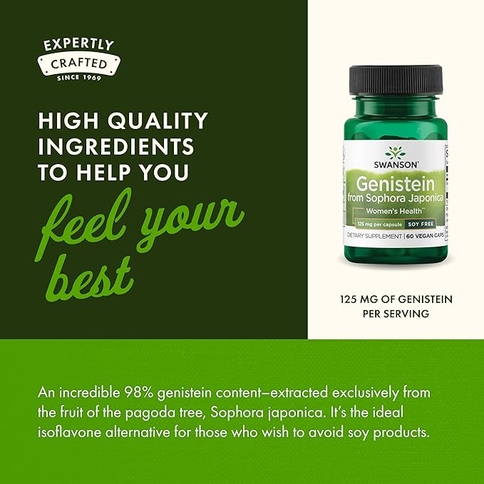 Swanson Soy-Free Genistein Plant-Based Supplement for Women Seeking Hormonal Balance, Bone, and Cardiovascular Support - 125 mg (60 Vegan Capsules)