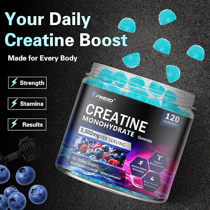 120Count Creatine Monohydrate Gummies 5g, Energy Creatine Supplements Gummies for Gym Essentials-Blueberry
