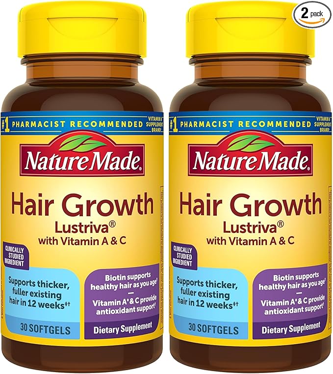 Nature Made Hair-Growth Softgels, Clinically Studied Lustriva + Biotin, Vitamin C & A, Hairs Growth Vitamins - Support Healthy Hair as You Age, 30 Softgels, 30 Day Supply, (Pack of 2)
