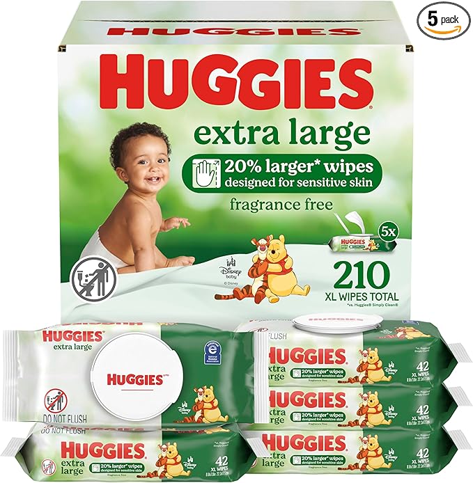Huggies Extra Large Baby Wipes, Unscented, 5 Flip-Top Packs, 210 XL Wipes Total, Packaging May Vary
