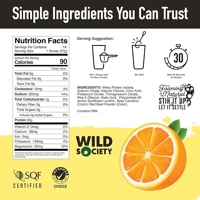 WILD SOCIETY - Clear Protein Powder + Electrolytes - 20g Clear Whey Protein Isolate Drink - Zero Sugar - 0g Lactose - Natural Flavors & Colors - Muscle Post Workout Recovery - Citrus Punch, 16 oz