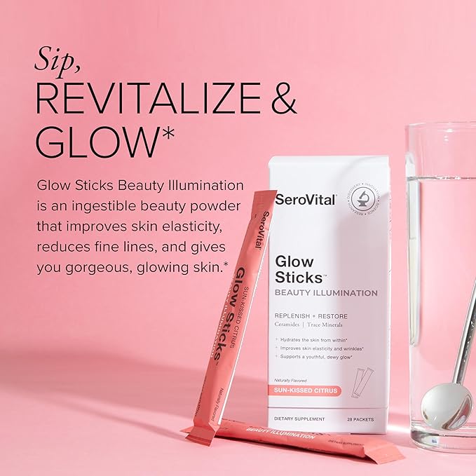 Serovital Glow Sticks Sugar-Free Powder Drink Mix with Hyaluronic Acid Ceramides Electrolytes for Skin Hydration in 14 Days Sun-Kissed Citrus Flavor 28 Packets