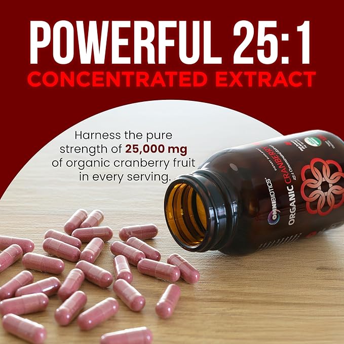 OmniBiotics USDA Organic Cranberry Pills for Women - High Potency 25,000 mg Supplement with 25:1 Fruit Extract - Daily Urinary Tract Support - 120 Vegan Capsules