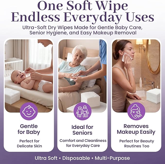 Disposable Dry Wipes, 200 Pack – Ultra Soft Non-Moistened Cleansing Cloths for Adults, Incontinence, Baby Care, Makeup Removal – 9.5" x 13.5" - Hospital Grade, Durable – by ProHeal