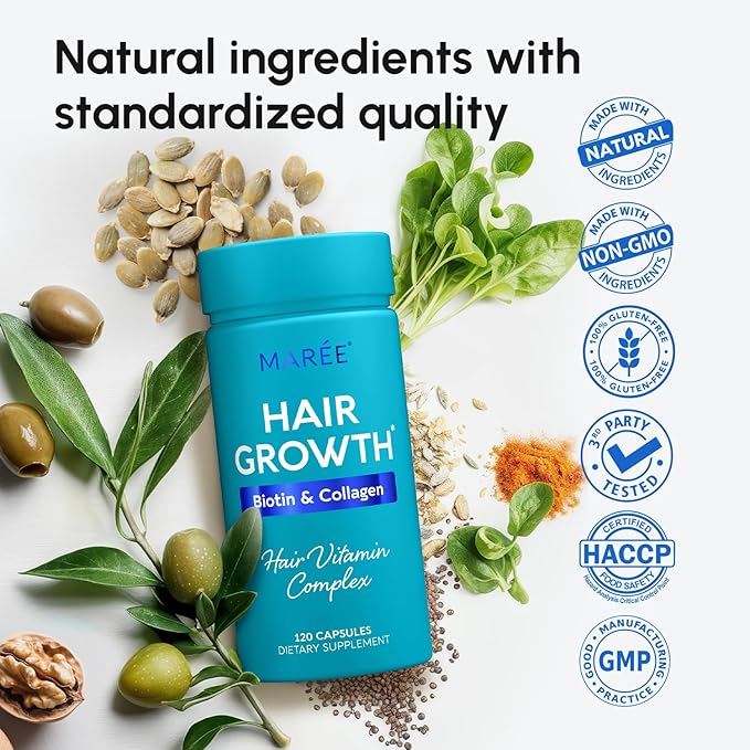 MAREE Hair Growth Vitamins - Faster Thicker Hair Growth Products - Biotin & Collagen Complex Hair Growth Supplements - Hair Vitamins for Hair Loss for Women & Men - Vitaminas Para El Cabello 120 Pills