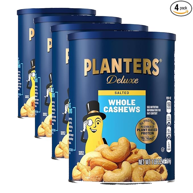PLANTERS Deluxe Salted Whole Cashews,Party Snacks,Plant-Based Protein,Quick Snack for Adults,After School Snack,Roasted Cashew Flavored with Sea Salt,Bulk Nuts,Kosher,1 lb 2.25oz Canister,(Pack of 4)