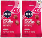 GU Energy Chews, Strawberry Energy Gummies with Electrolytes, Vegan, Gluten-Free, Kosher, 20 mg of Caffeine, and Dairy-Free On-The-Go Energy for Any Workout, 12 Bags (24 Servings Total) (Pack of 2)