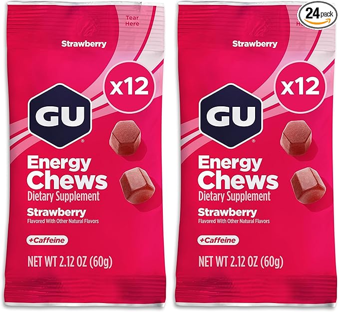 GU Energy Chews, Strawberry Energy Gummies with Electrolytes, Vegan, Gluten-Free, Kosher, 20 mg of Caffeine, and Dairy-Free On-The-Go Energy for Any Workout, 12 Bags (24 Servings Total) (Pack of 2)